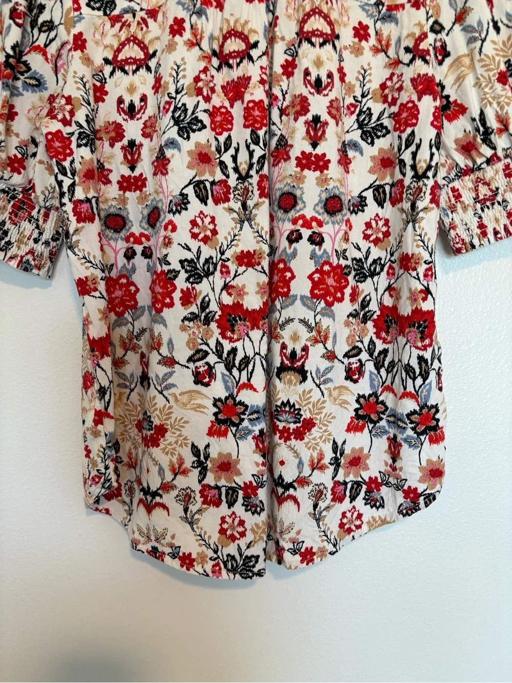 Ann Taylor LOFT Cottage Floral Smocked Mock Neck Puff Sleeve Shirt Red XS
